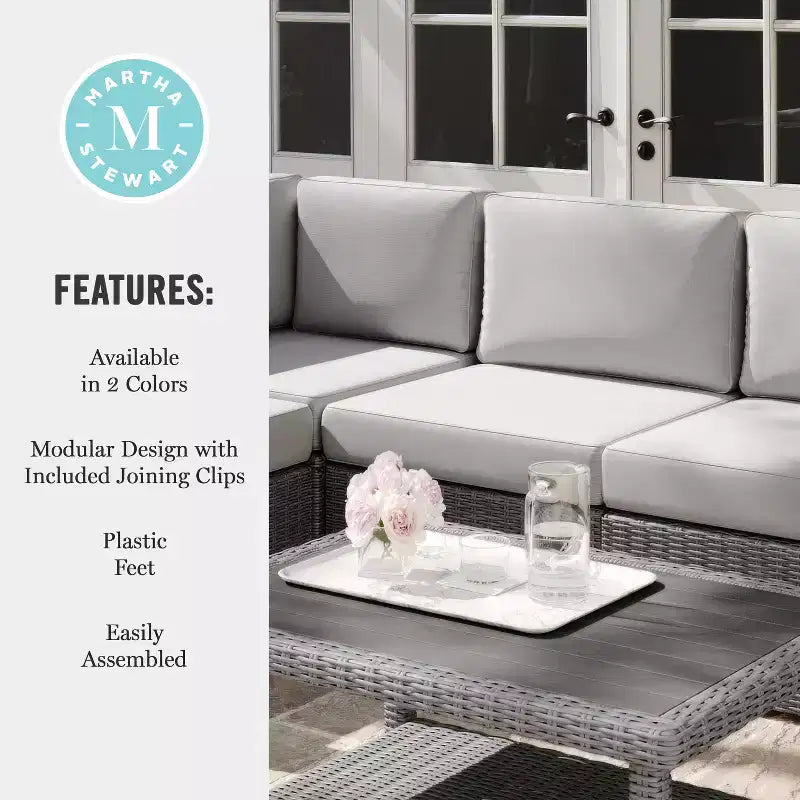 Martha Stewart Bedford Indoor-Outdoor Modular Patio Sectional Sofa Center Seat in Rattan Wicker with All-Weather Cushions