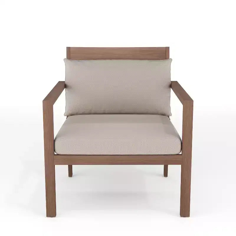 Martha Stewart Bedford Set of 2 Indoor-Outdoor Patio Accent Chairs with Brushed Woodgrain Aluminum Finish and All-Weather Seat and Lumbar Cushions