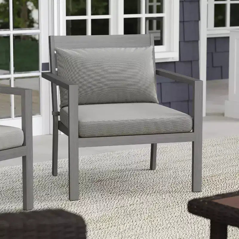 Martha Stewart Bedford Set of 2 Indoor-Outdoor Patio Accent Chairs with Brushed Woodgrain Aluminum Finish and All-Weather Seat and Lumbar Cushions