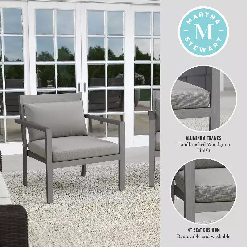 Martha Stewart Bedford Set of 2 Indoor-Outdoor Patio Accent Chairs with Brushed Woodgrain Aluminum Finish and All-Weather Seat and Lumbar Cushions