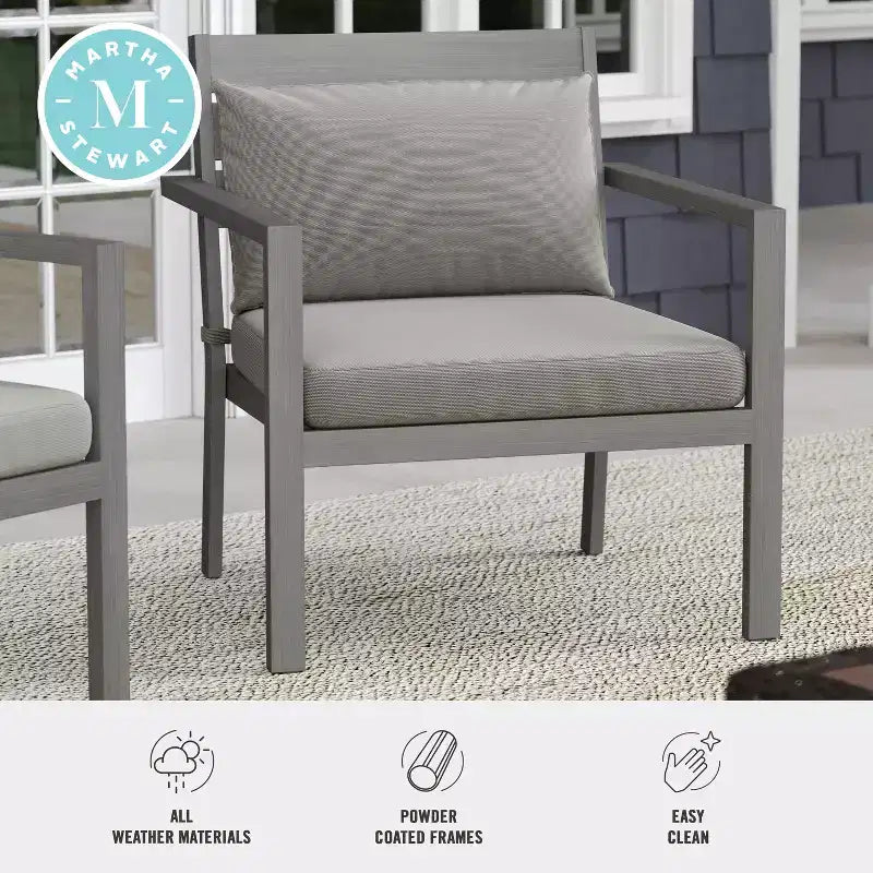Martha Stewart Bedford Set of 2 Indoor-Outdoor Patio Accent Chairs with Brushed Woodgrain Aluminum Finish and All-Weather Seat and Lumbar Cushions