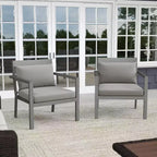 Martha Stewart Bedford Set of 2 Indoor-Outdoor Patio Accent Chairs with Brushed Woodgrain Aluminum Finish and All-Weather Seat and Lumbar Cushions