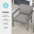 Martha Stewart Bedford Set of 2 Indoor-Outdoor Patio Accent Chairs with Brushed Woodgrain Aluminum Finish and All-Weather Seat and Lumbar Cushions
