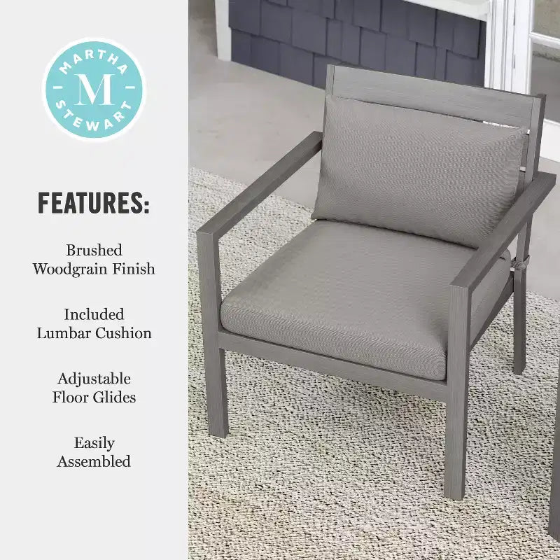 Martha Stewart Bedford Set of 2 Indoor-Outdoor Patio Accent Chairs with Brushed Woodgrain Aluminum Finish and All-Weather Seat and Lumbar Cushions