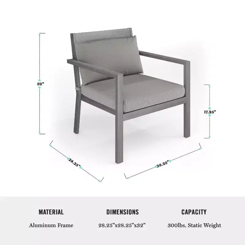 Martha Stewart Bedford Set of 2 Indoor-Outdoor Patio Accent Chairs with Brushed Woodgrain Aluminum Finish and All-Weather Seat and Lumbar Cushions