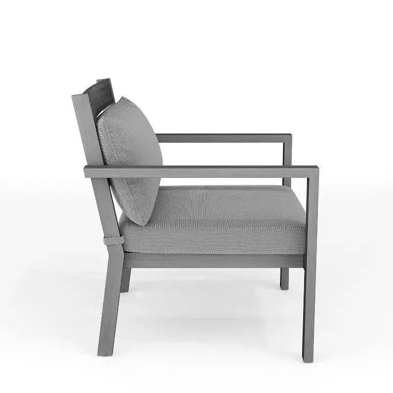 Martha Stewart Bedford Set of 2 Indoor-Outdoor Patio Accent Chairs with Brushed Woodgrain Aluminum Finish and All-Weather Seat and Lumbar Cushions