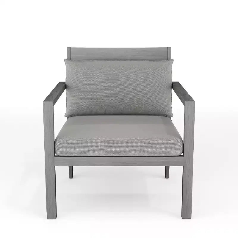 Martha Stewart Bedford Set of 2 Indoor-Outdoor Patio Accent Chairs with Brushed Woodgrain Aluminum Finish and All-Weather Seat and Lumbar Cushions