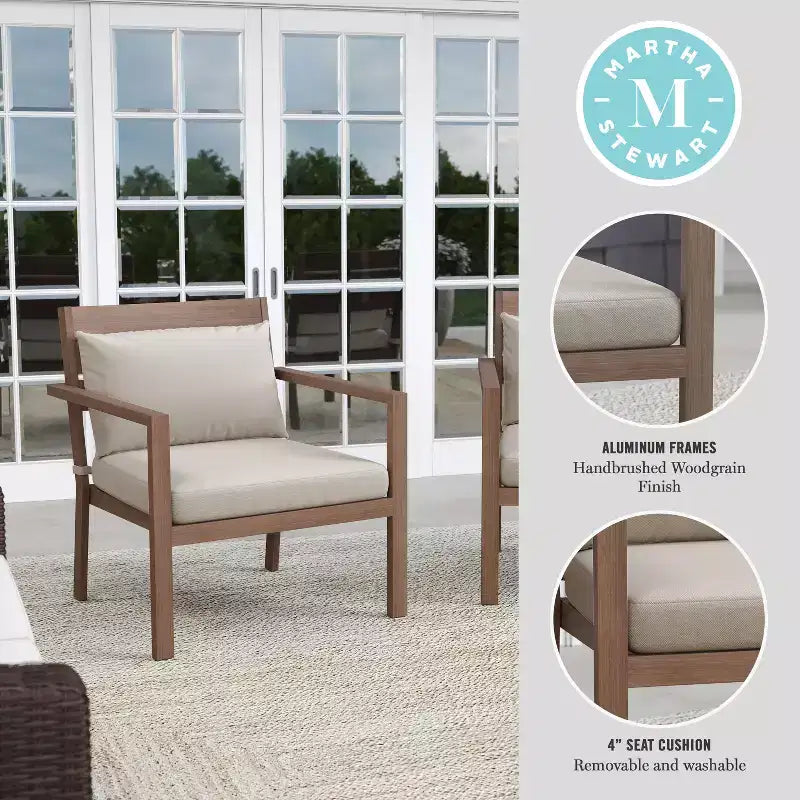 Martha Stewart Bedford Set of 2 Indoor-Outdoor Patio Accent Chairs with Brushed Woodgrain Aluminum Finish and All-Weather Seat and Lumbar Cushions