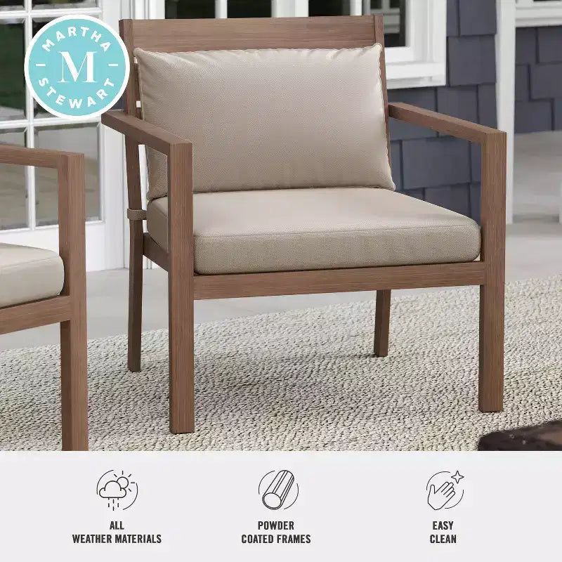 Martha Stewart Bedford Set of 2 Indoor-Outdoor Patio Accent Chairs with Brushed Woodgrain Aluminum Finish and All-Weather Seat and Lumbar Cushions