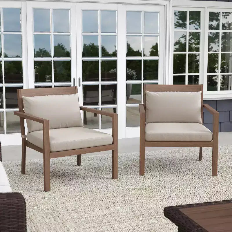 Martha Stewart Bedford Set of 2 Indoor-Outdoor Patio Accent Chairs with Brushed Woodgrain Aluminum Finish and All-Weather Seat and Lumbar Cushions