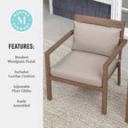 Martha Stewart Bedford Set of 2 Indoor-Outdoor Patio Accent Chairs with Brushed Woodgrain Aluminum Finish and All-Weather Seat and Lumbar Cushions