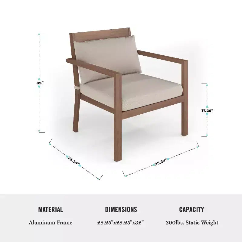 Martha Stewart Bedford Set of 2 Indoor-Outdoor Patio Accent Chairs with Brushed Woodgrain Aluminum Finish and All-Weather Seat and Lumbar Cushions