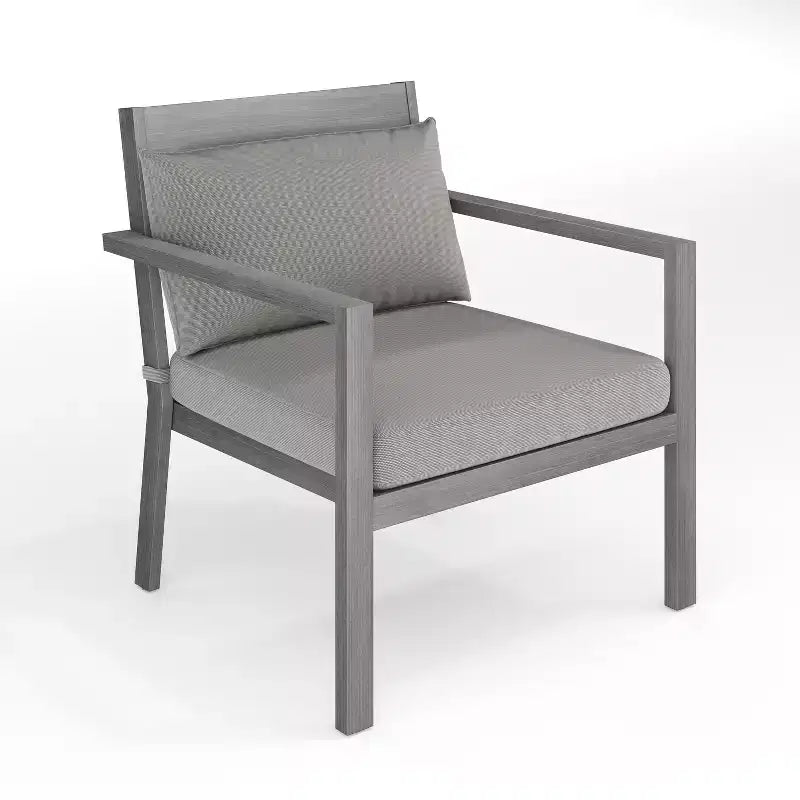 Set di 2 sedie da patio Martha Stewart Bedford per interni-esterni con finitura in alluminio spazzolato effetto legno e cuscini per seduta e schienale per tutte le stagioni