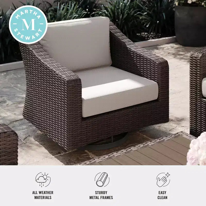 Martha Stewart Bedford Set of 2 Indoor-Outdoor Patio Chairs in Rattan Wicker with 360 Swivel and All-Weather Cushions