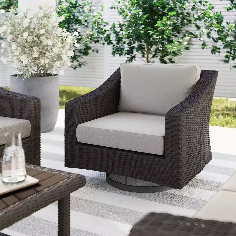 Martha Stewart Bedford Set of 2 Indoor-Outdoor Patio Chairs in Rattan Wicker with 360 Swivel and All-Weather Cushions
