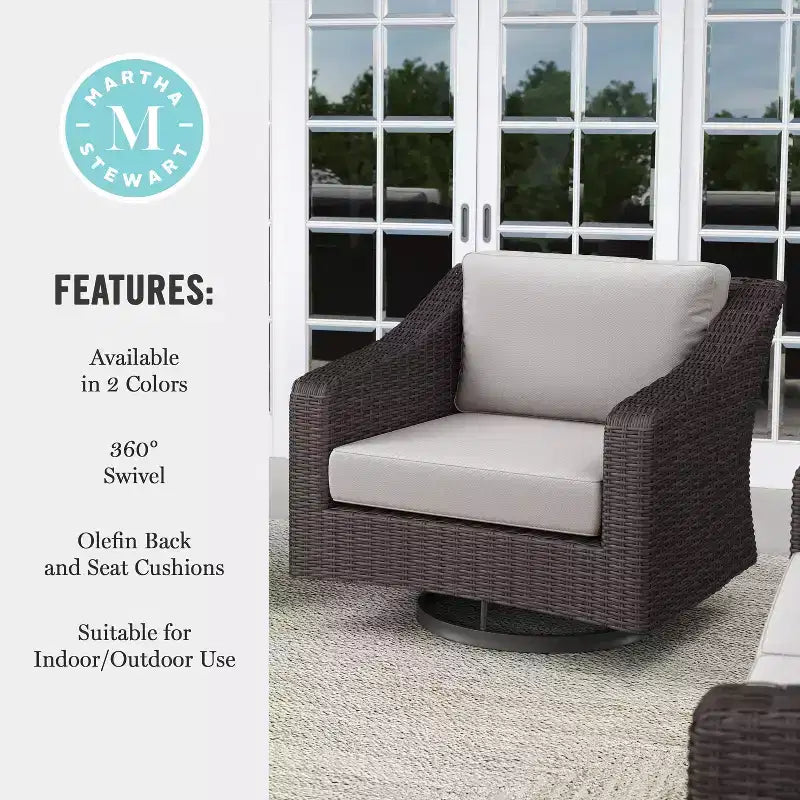 Martha Stewart Bedford Set of 2 Indoor-Outdoor Patio Chairs in Rattan Wicker with 360 Swivel and All-Weather Cushions