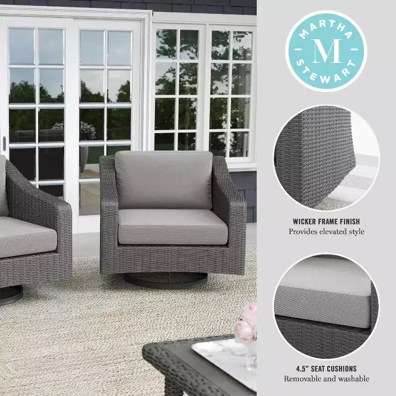 Martha Stewart Bedford Set of 2 Indoor-Outdoor Patio Chairs in Rattan Wicker with 360 Swivel and All-Weather Cushions