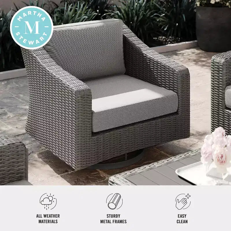 Martha Stewart Bedford Set of 2 Indoor-Outdoor Patio Chairs in Rattan Wicker with 360 Swivel and All-Weather Cushions