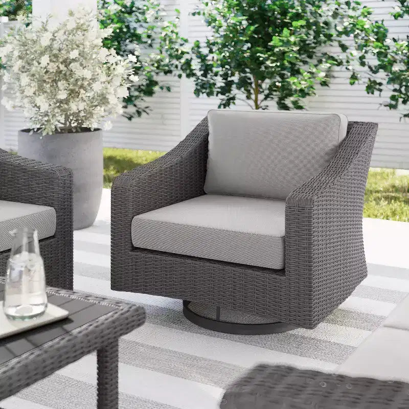 Martha Stewart Bedford Set of 2 Indoor-Outdoor Patio Chairs in Rattan Wicker with 360 Swivel and All-Weather Cushions