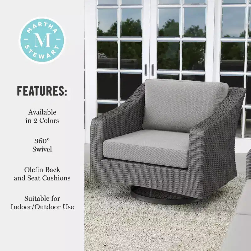 Martha Stewart Bedford Set of 2 Indoor-Outdoor Patio Chairs in Rattan Wicker with 360 Swivel and All-Weather Cushions