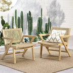 GDFStudio Inez Outdoor Wicker Club and Acacia Wood Chairs (Set of 2), Light Brown and Light Multibrown