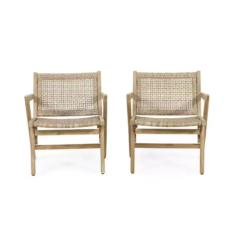 GDFStudio Inez Outdoor Wicker Club and Acacia Wood Chairs (Set of 2), Light Brown and Light Multibrown