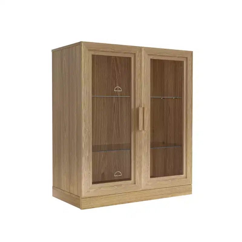 Black Wood Grain Storage Cabinet with Double Glass Doors, Decorative Storage Cabinet