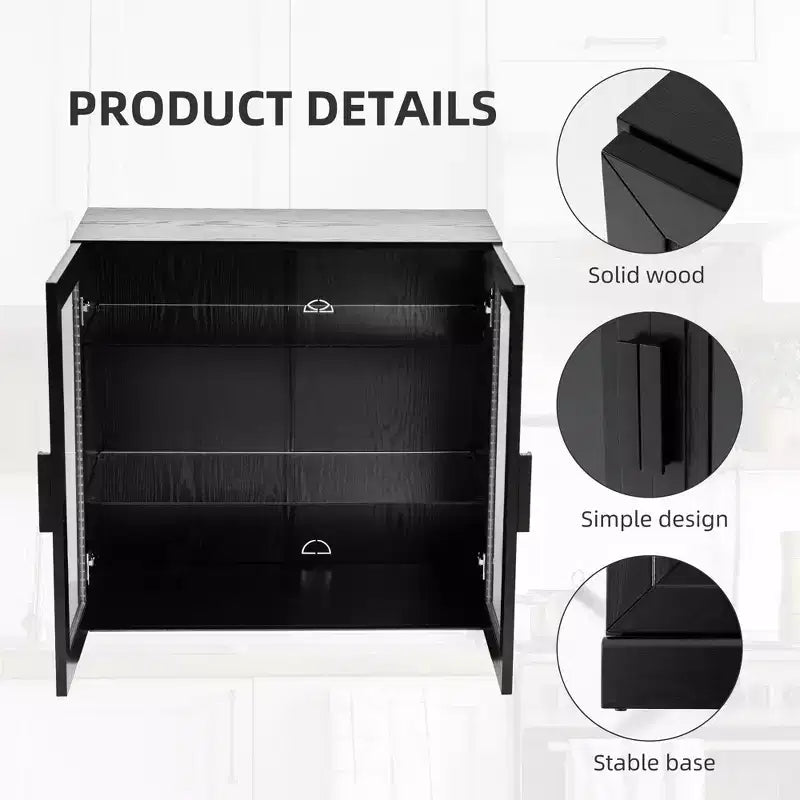 Black Wood Grain Storage Cabinet with Double Glass Doors, Decorative Storage Cabinet