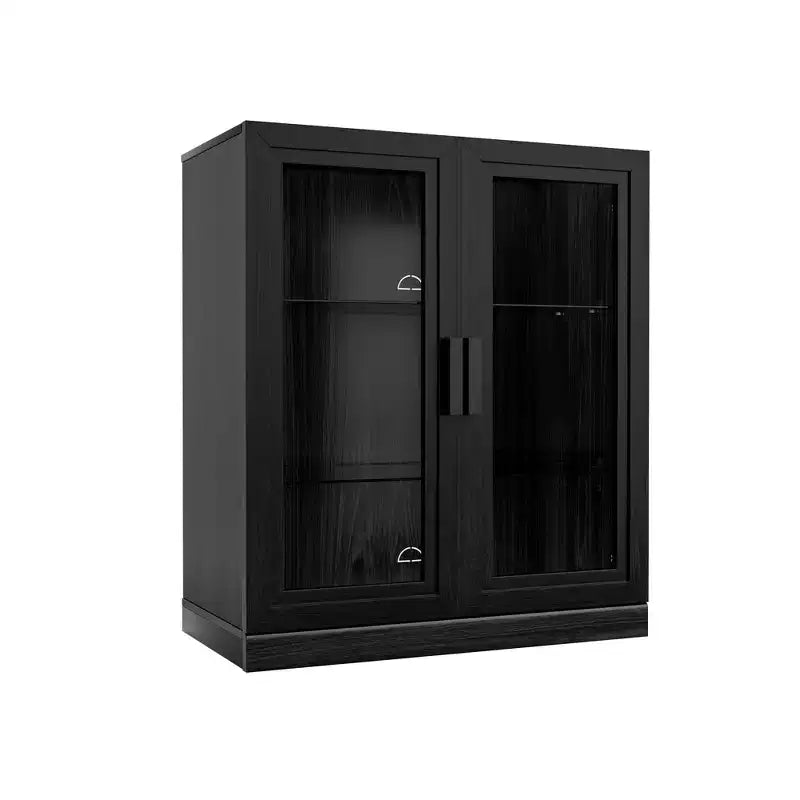 Black Wood Grain Storage Cabinet with Double Glass Doors, Decorative Storage Cabinet