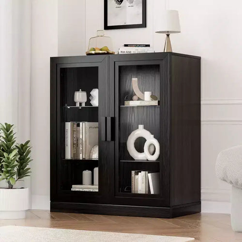 Black Wood Grain Storage Cabinet with Double Glass Doors, Decorative Storage Cabinet