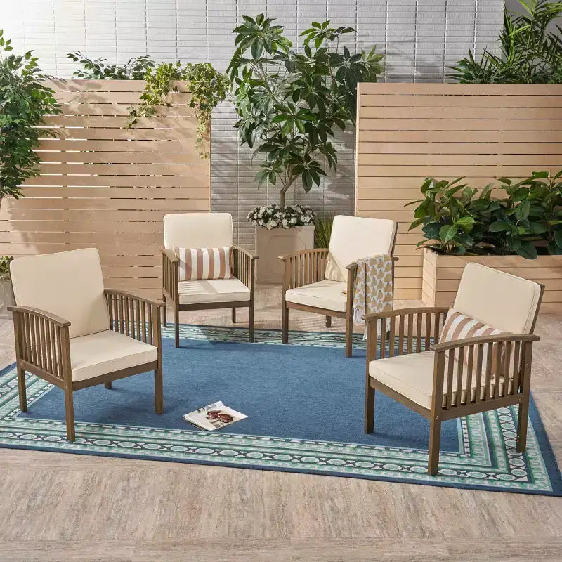 Christopher Knight Home Sedia Club da Esterno in Legno di Acacia con Cuscini (Set di 4)