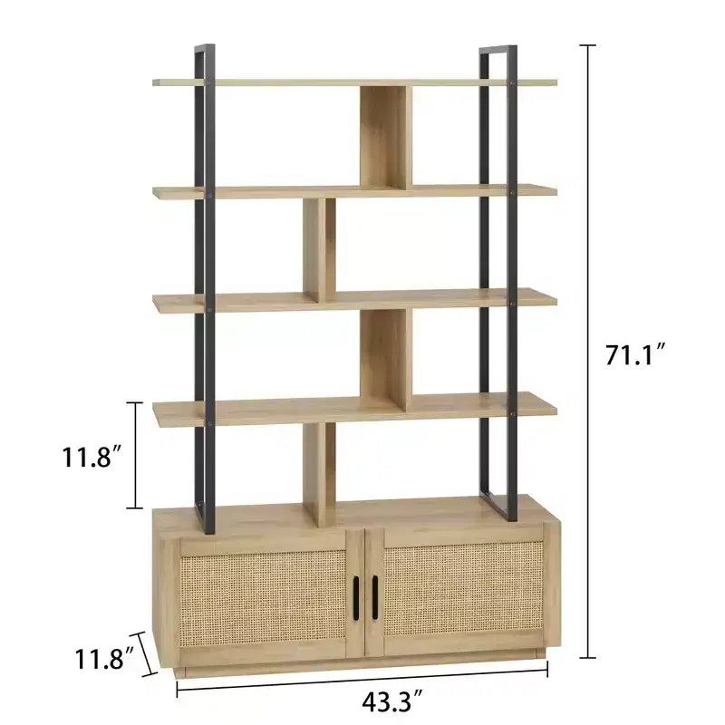 Scaffale libreria in rattan a 5 ripiani con armadietto e anta, libreria industriale alta 180,6 cm con ripiani a vista