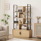 Scaffale libreria in rattan a 5 ripiani con armadietto e anta, libreria industriale alta 180,6 cm con ripiani a vista