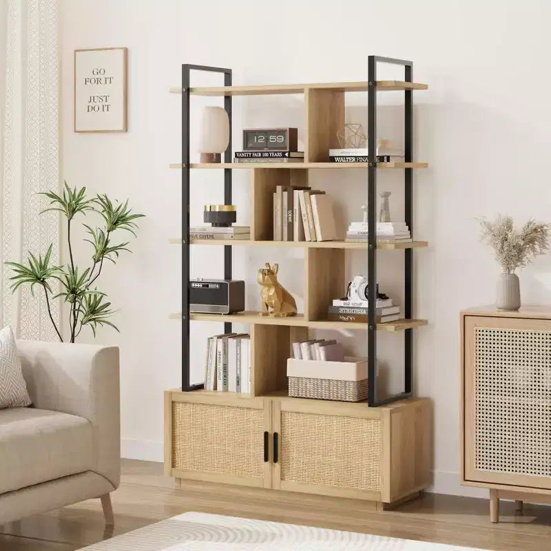 Scaffale libreria in rattan a 5 ripiani con armadietto e anta, libreria industriale alta 180,6 cm con ripiani a vista