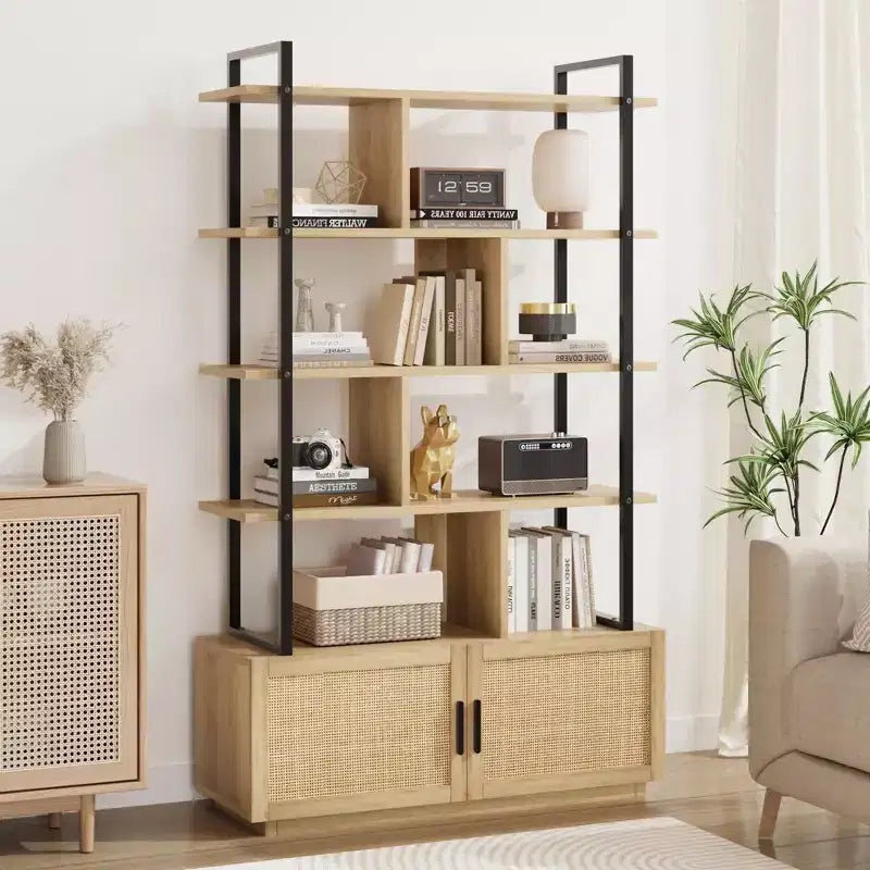 Scaffale libreria in rattan a 5 ripiani con armadietto e anta, libreria industriale alta 180,6 cm con ripiani a vista