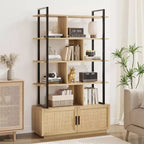 Scaffale libreria in rattan a 5 ripiani con armadietto e anta, libreria industriale alta 180,6 cm con ripiani a vista