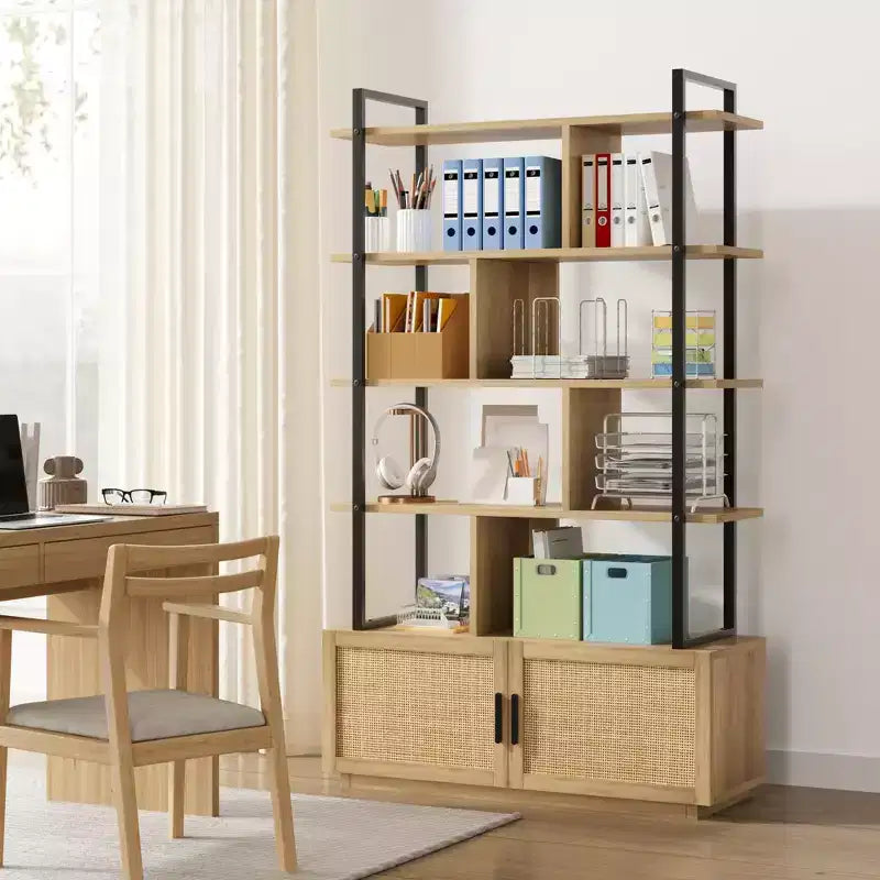 Scaffale libreria in rattan a 5 ripiani con armadietto e anta, libreria industriale alta 180,6 cm con ripiani a vista