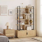Scaffale libreria in rattan a 5 ripiani con armadietto e anta, libreria industriale alta 180,6 cm con ripiani a vista