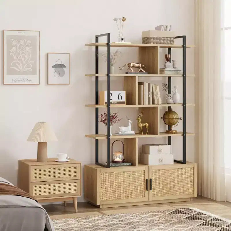 Scaffale libreria in rattan a 5 ripiani con armadietto e anta, libreria industriale alta 180,6 cm con ripiani a vista
