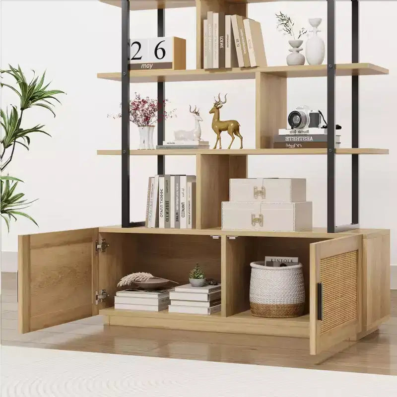 Scaffale libreria in rattan a 5 ripiani con armadietto e anta, libreria industriale alta 180,6 cm con ripiani a vista