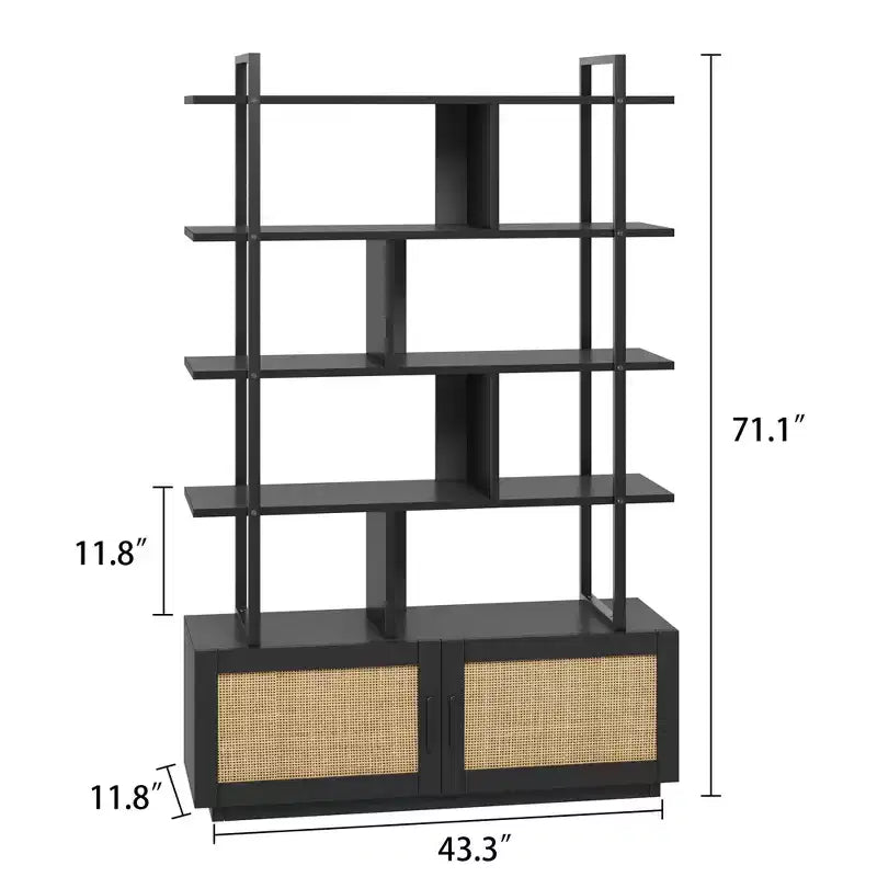 Scaffale libreria in rattan a 5 ripiani con armadietto e anta, libreria industriale alta 180,6 cm con ripiani a vista
