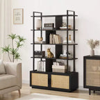 Scaffale libreria in rattan a 5 ripiani con armadietto e anta, libreria industriale alta 180,6 cm con ripiani a vista