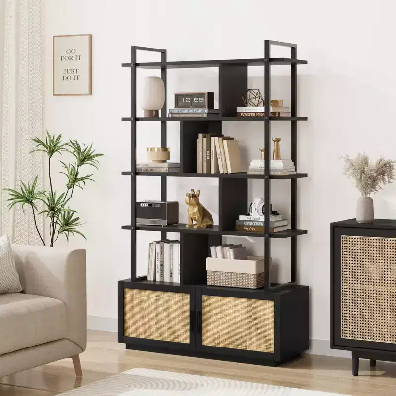 Scaffale libreria in rattan a 5 ripiani con armadietto e anta, libreria industriale alta 180,6 cm con ripiani a vista