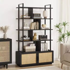 Scaffale libreria in rattan a 5 ripiani con armadietto e anta, libreria industriale alta 180,6 cm con ripiani a vista