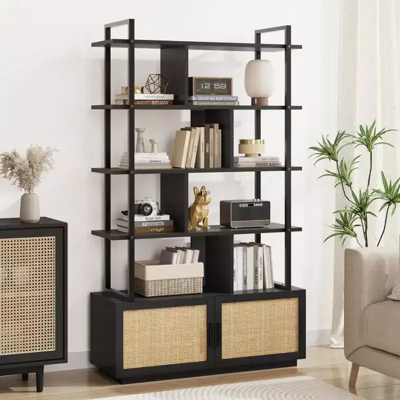 Scaffale libreria in rattan a 5 ripiani con armadietto e anta, libreria industriale alta 180,6 cm con ripiani a vista