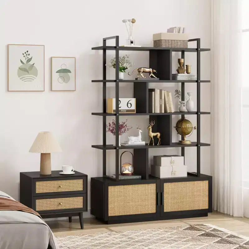 Scaffale libreria in rattan a 5 ripiani con armadietto e anta, libreria industriale alta 180,6 cm con ripiani a vista