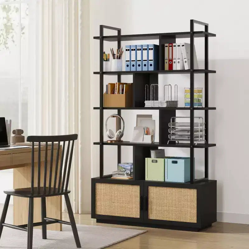 Scaffale libreria in rattan a 5 ripiani con armadietto e anta, libreria industriale alta 180,6 cm con ripiani a vista