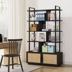 Scaffale libreria in rattan a 5 ripiani con armadietto e anta, libreria industriale alta 180,6 cm con ripiani a vista