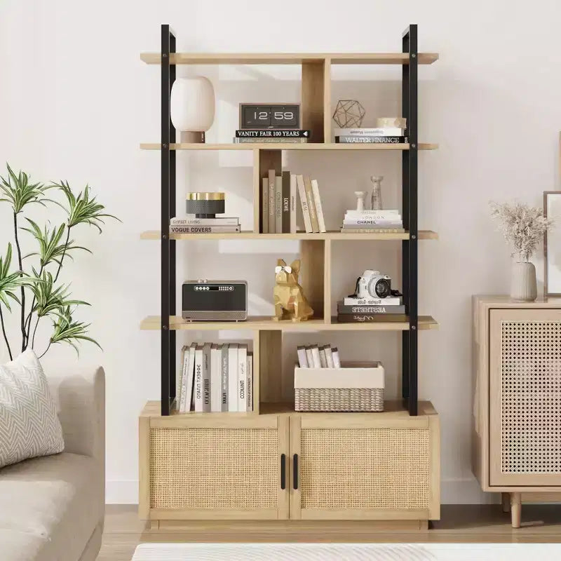 Scaffale libreria in rattan a 5 ripiani con armadietto e anta, libreria industriale alta 180,6 cm con ripiani a vista