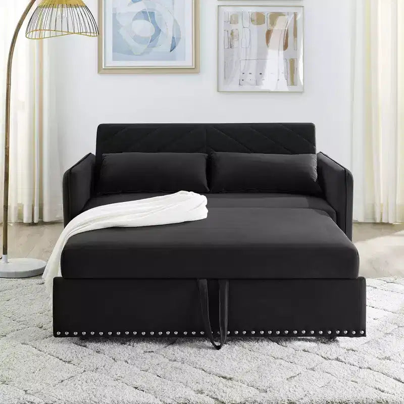 55 Divano Letto Convertibile in Velluto - Design Moderno con Letto Estraibile, Cuscini e Braccioli a Griglia